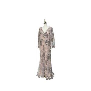 MAC DUGGAL Beige V Neck Mesh Long Sleeve Embroidered Gown Plus Size 14W $598